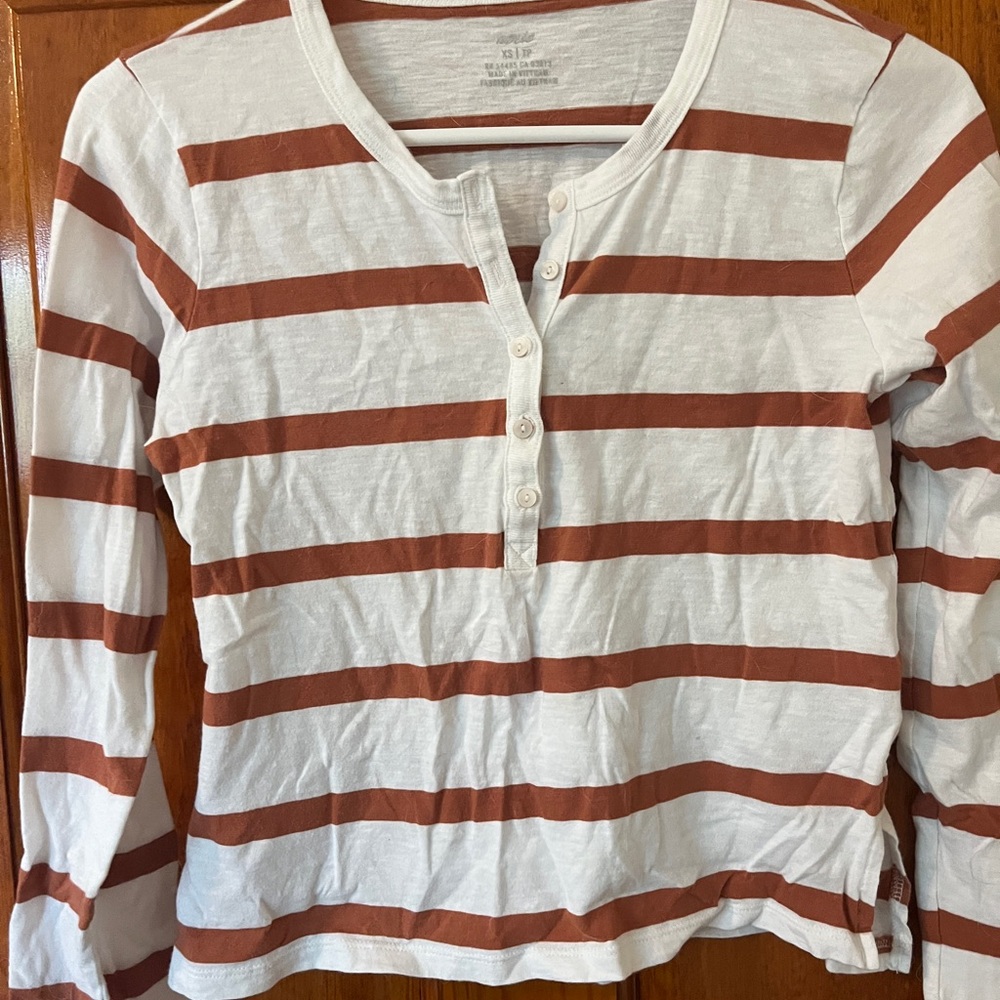 Aerie White and Brown Striped Long Sleeve Tee